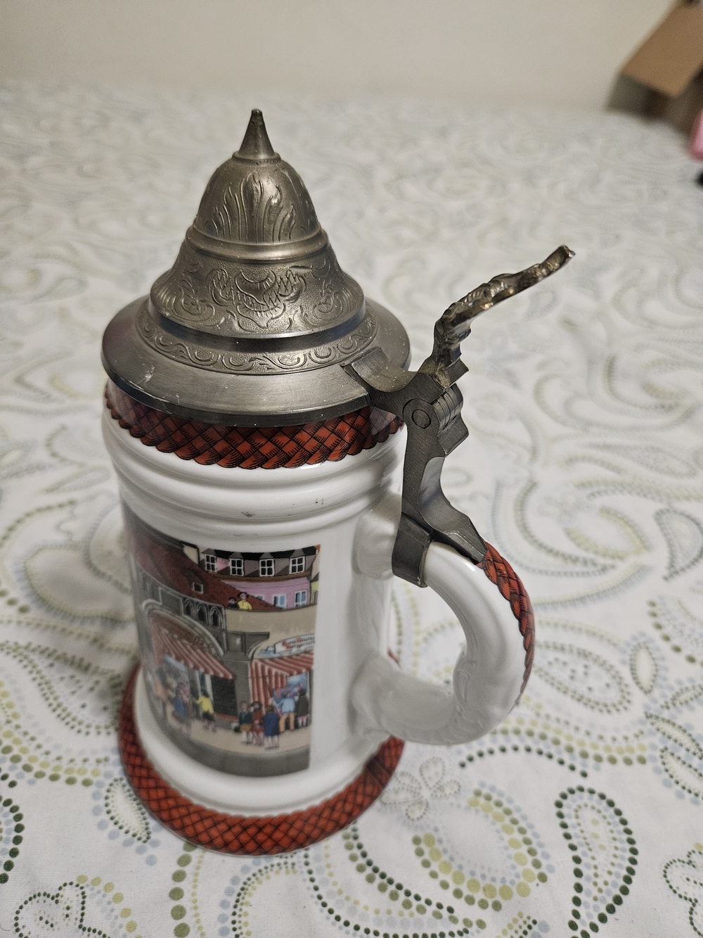 White and Red Ceramic Beer Stein with Decorative Pewter Lid - Picture 2 of 10